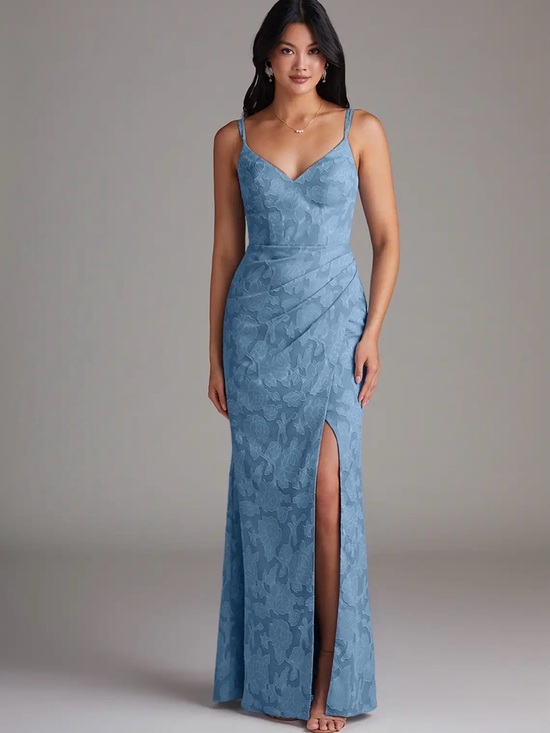 Azazie Dresses & Skirts - Azazie Leo Blue Lace V-Neck Evening Dress with Side Slit